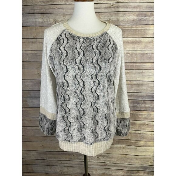 Mystree Medium Sweater Faux Fur Mixed Material Boho Pullover Raglan Sleeve Top - Picture 1 of 11